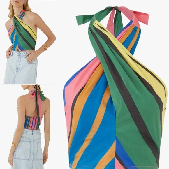 STAUD Kai Striped Halter-neck Cotton Top Size S $179 - Picture 3 of 7